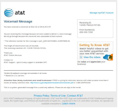 AT&T - You Have a new Voice Mail - Virus Email Message