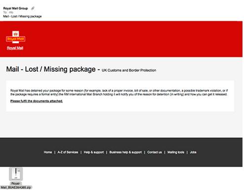 Royal Mail Has Detained Your Package for Some Reason Malicious Email