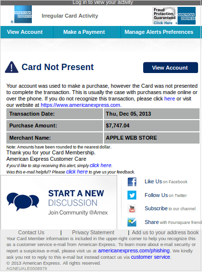 The Irregular Card Activity - Card Not Present American Express Card Phishing Scam