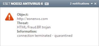ESET antivirus software blocking the malicious website eonenws.com