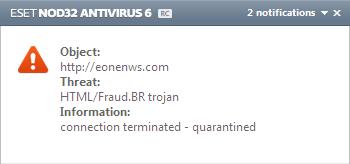 ESET antivirus software blocking the malicious website eonenws.com