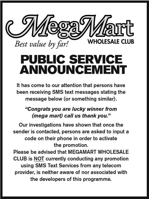 MegaMart SMS Text Message Scam February 2013 Public Announcement