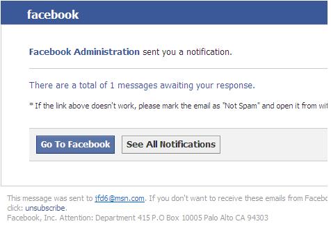 Facebook Administration Sent You a Notification Phishing Scam Email