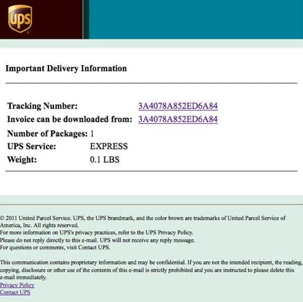UPS Delivery Notification Tracking Number Virus Email