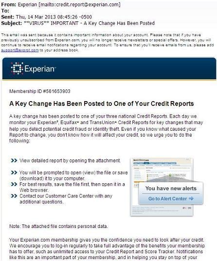 Experian Email With Virus Attached-IMPORTANT - A Key Change Has Been Posted
