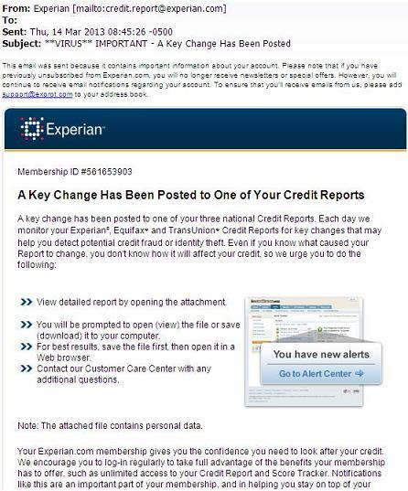 Experian Email With Virus Attached-IMPORTANT - A Key Change Has Been Posted