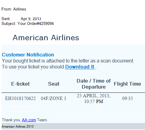 American Airline Phishing Email Ticket Notification Scam