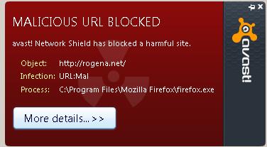 Avast antivirus blocking the malicious website rogena.net