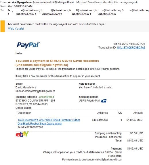 Receipt for your PayPal payment to David Hesslefors Scam Email