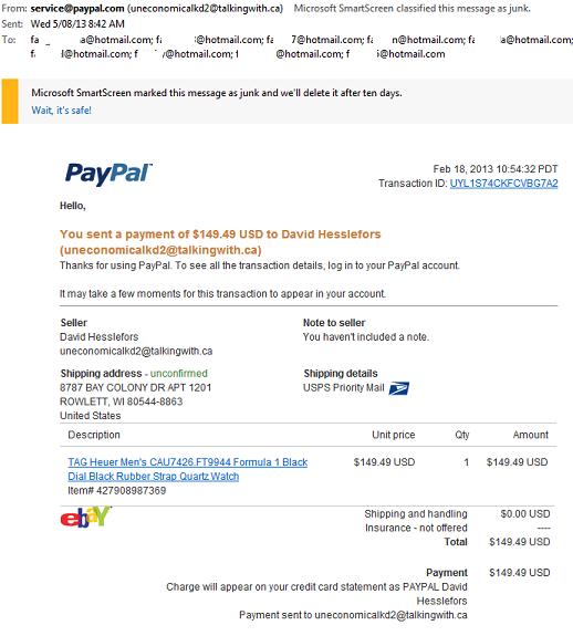 Receipt for your PayPal payment to David Hesslefors Scam Email