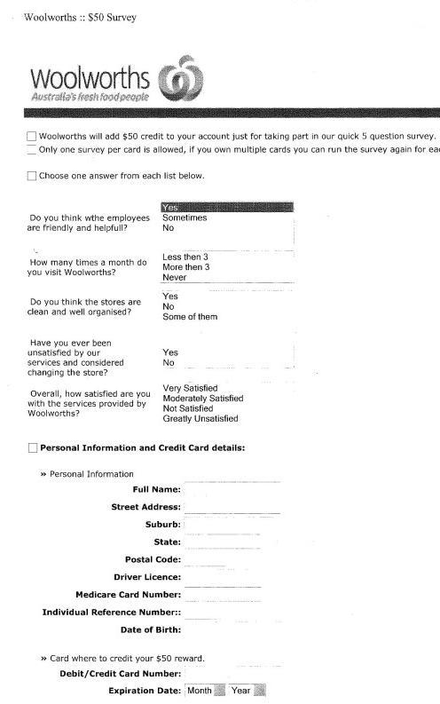 Woolworths Survey Scam Form