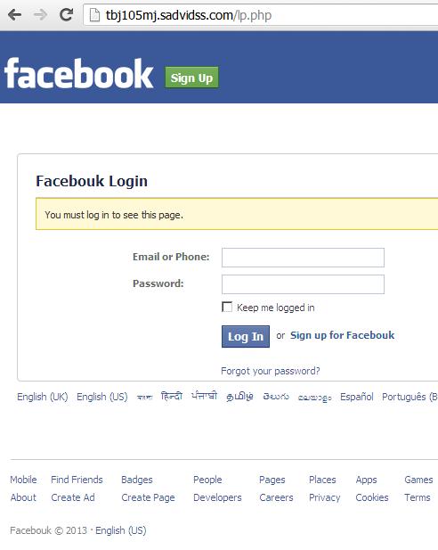 Phishing Facebook Website: www.sadvidss.com