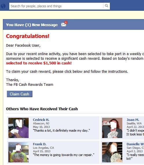 Facebook Cash Rewards Program Scam website