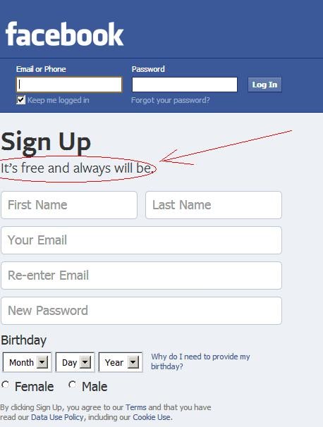 Facebook homepage www.facebook.com stating it will always be free
