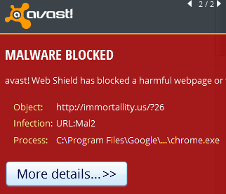 Avast blocking the malicious website http://immortallity.us