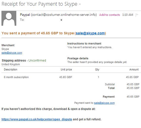 Receipt for Your Payment to Skype Taken From PayPal Fake Phishing Scam