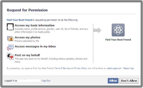 The 'Find Your Best Friend On FB' Facebook Application Requesting Permission