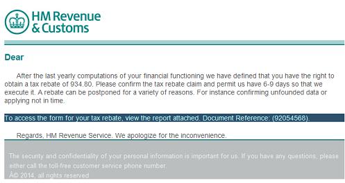 Fake and Virus HM Revenue and Customs (HMRC) Tax Refund Email Message