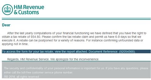 Fake and Virus HM Revenue and Customs (HMRC) Tax Refund Email Message