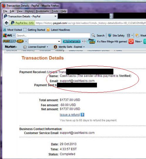 fake PayPal proof of earning support @cashtasks.com
