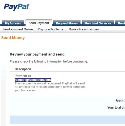 PayPal Payment to support @cashtasks.com