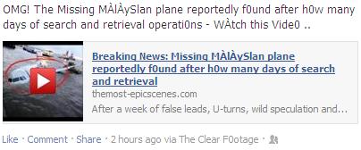 The Video Scam Facebook Post: Omg! The Missing Màlàyslan Plane Reportedly F0und