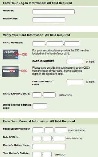 Fake American Express Alert Notification Form  or Document