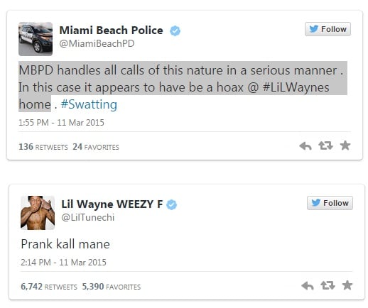 The Miami Beach Police’s and Lil Wayne’s Tweets