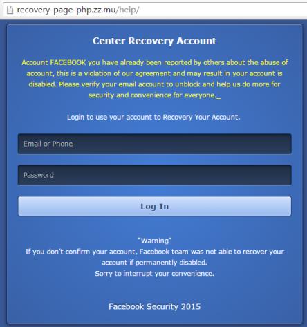 Fake Facebook website: recovery-page-php .zz.mu
