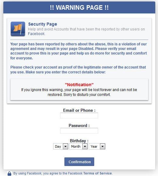 Facebook Security Phishing Scam