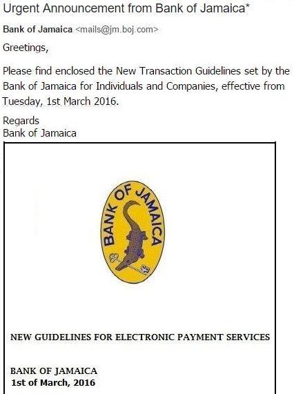 Urgent Announcement from Bank Jamaica Virus Email