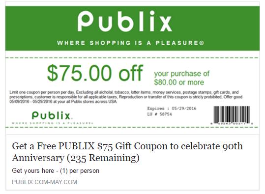 Publix $75 Gift Coupon