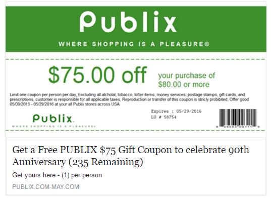 Publix $75 Gift Coupon