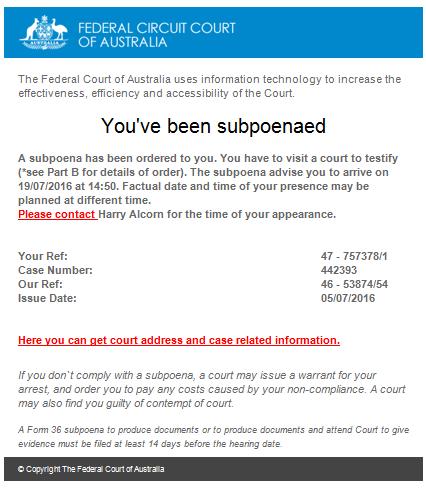 Fake Federal Court of Australia Subpoenaed Email Message