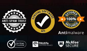 Anti Spam Trust, Genuine Software,Secured 100% Antimalware,VeriSign Trusted,TrusTe Certified Privacy and McAfee SECURE seals, trust marks, logos or icons