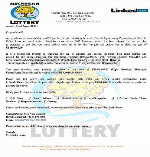 Michigan Lottery Corporation and LinkedIn Online Lotto Scam