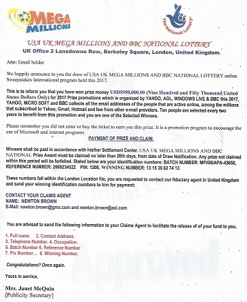 The "USA UK MEGA MILLIONS and BBC National Lottery" Scam