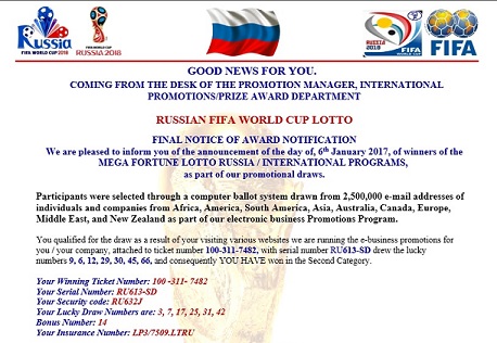 Russia FIFA World Cup 2018 Lotto - Mega Fortune LOTTERY Russia