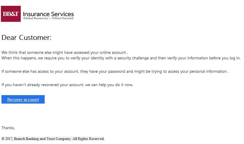 Branch Banking and Trust (BB&T) Financial Services Phishing Scam