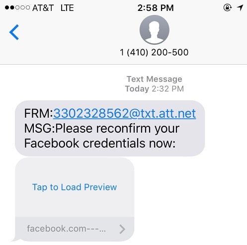 Please Reconfirm Your Facebook Credentials Now" Text Message Phishing Scam