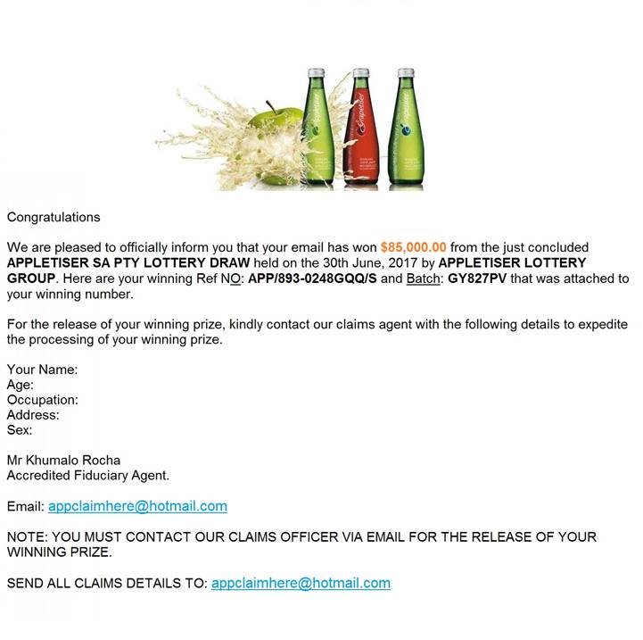 Appletiser Sa Pty Lottery Draw Scam