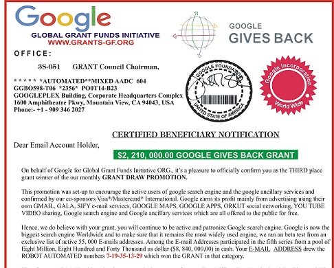 "Google Global Grant Funds Initiative" Scam