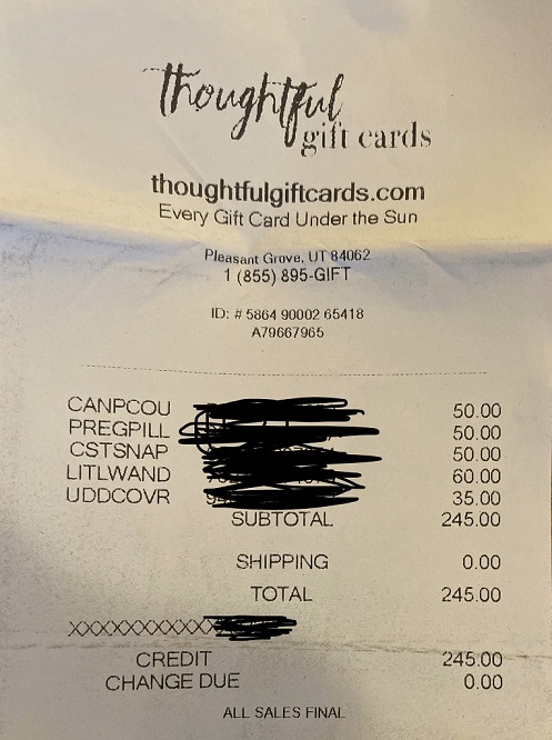 Jenny B Thoughtful Gift card receipt from Pleasant Grove UT 84062