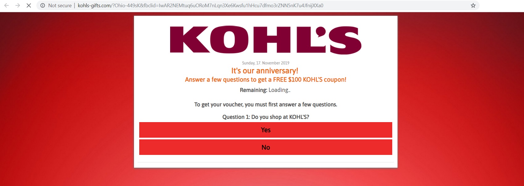 The Kohls Anniversay Free Coupon Scam at kohls-gifts.com