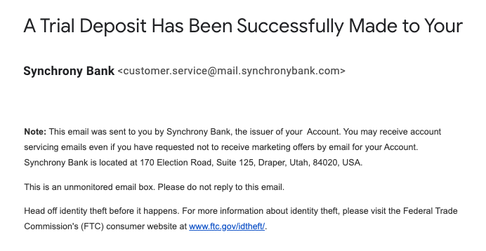 Synchrony Bank Amazon Credit Builder - A trial deposit had been made to my AMAZON CREDIT BUILDER ACCOUNT
