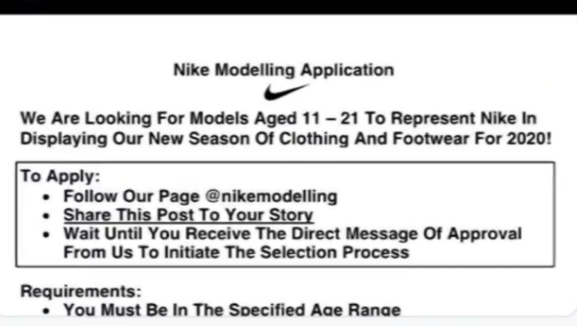 Nike Modeling Application Scam