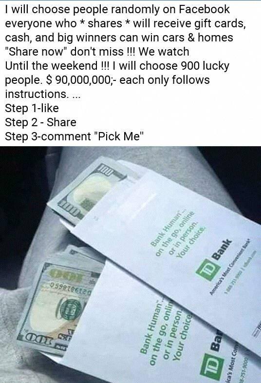 The Facebook "Share Now" and "Pick Me" Gift Cards and Cash Scam