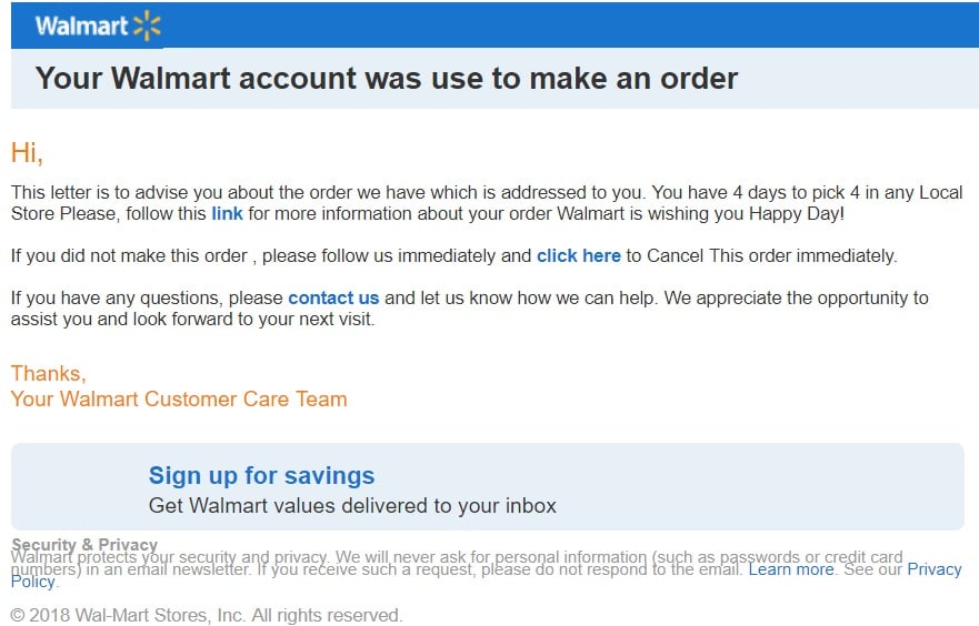 Your Walmart Account was use to Make an Order