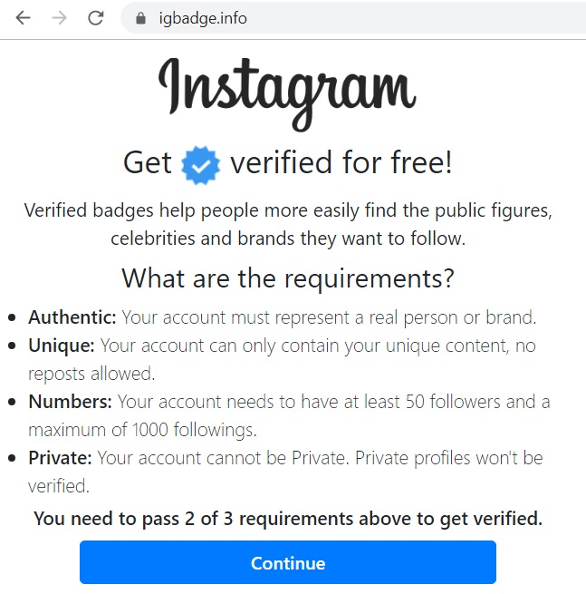 Fake Instagram Badge Verification or IGBadge Scam Website -  igbadge.info