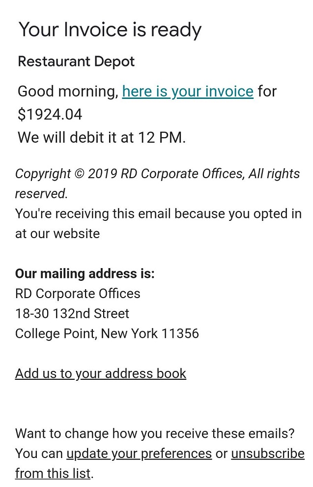 Fake Restaurant Depot Email Invoice